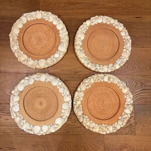 Pottery Barn Set of 4 Sea Shell Rimmed Rattan Charger Plates Beach Coastal 15”